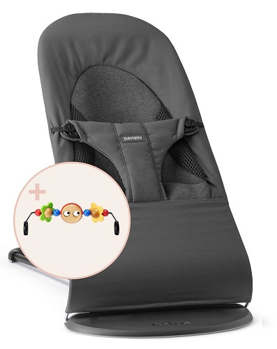 BABYBJÖRN - Bouncer BLISS Woven/Jersey Tri Fabric, Dark Grey + Toy Googly Eyes