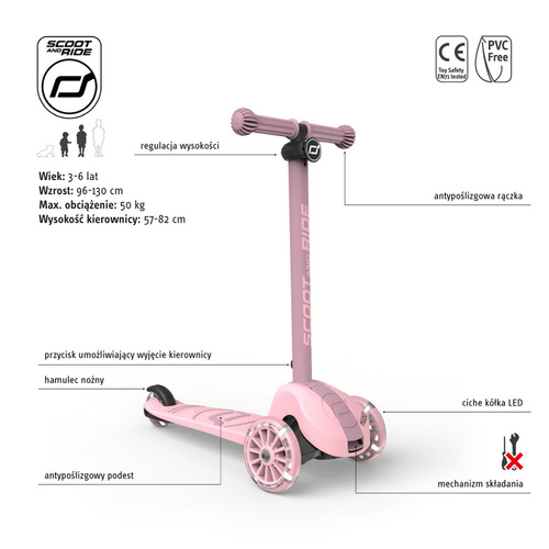 SCOOTANDRIDE - Highwaykick 3S - scooter with 2-in-1 control system and LED wheels, foldable 3+, rose