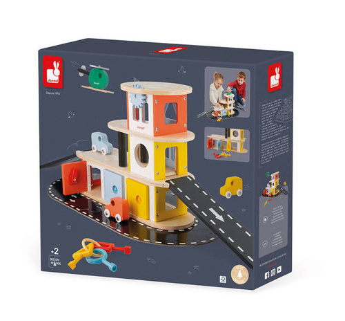 Janod - Wooden garage with 4 accessories. Bolid 2+