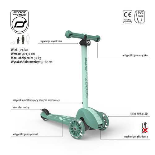 SCOOTANDRIDE - Highwaykick 3S - scooter with 2-in-1 control system and LED wheels, foldable 3+, forest
