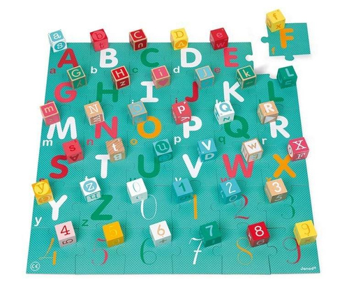 Janod - Wooden blocks with Kubix puzzle Letters and numbers 40 elements 2+