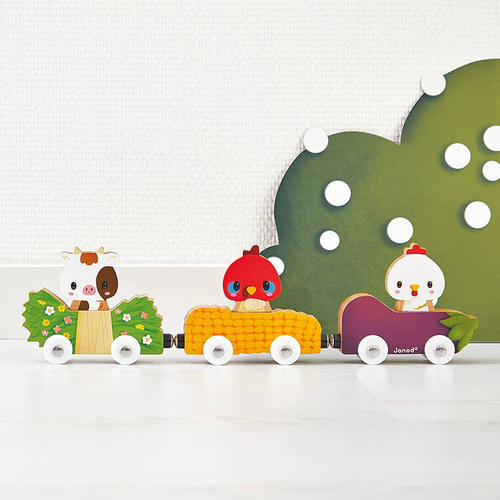 Janod - Magnetic wooden vehicles with farm animals Farm 18 m+