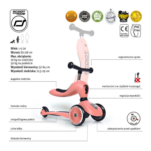 SCOOTANDRIDE - Highwaykick 2in1 Ride and scooter 1-5 years Peach