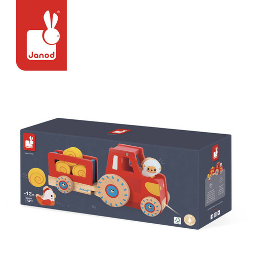 Janod - Drewniany traktor do ciągnięcia Farma 12 m+