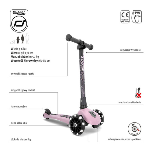 SCOOTANDRIDE - Highwaykick 3 LED - Folding scooter with light-up wheels 3+ Rose