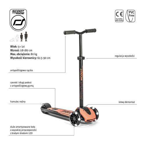 SCOOTANDRIDE - Highwaykick 5 LED - Folding scooter with light-up wheels 5+ Peach