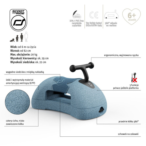 SCOOTANDRIDE - My First Ewolucyjny jeździk pchacz 3w1 6 m+ Steel