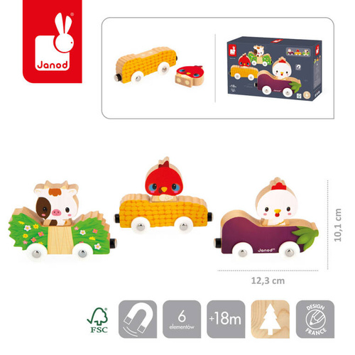 Janod - Magnetic wooden vehicles with farm animals Farm 18 m+