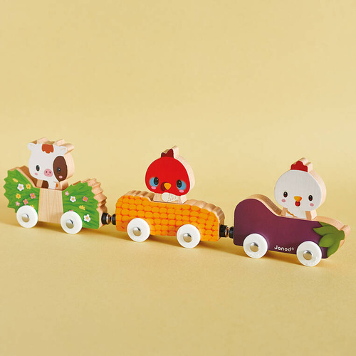 Janod - Magnetic wooden vehicles with farm animals Farm 18 m+