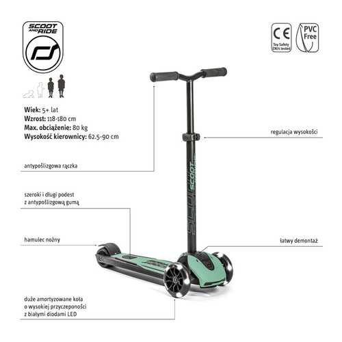 SCOOTANDRIDE - Highwaykick 5 LED - Folding scooter with light-up wheels 5+ Forest
