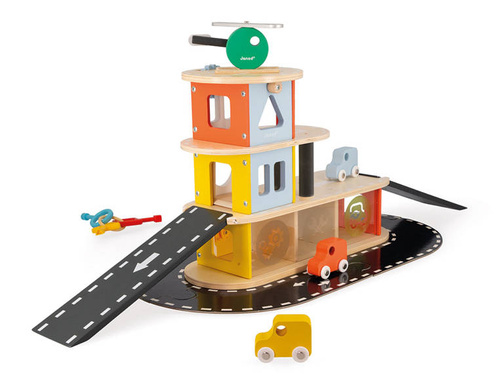 Janod - Wooden garage with 4 accessories. Bolid 2+