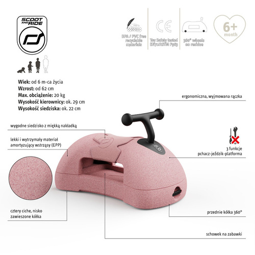 SCOOTANDRIDE - My First Ewolucyjny jeździk pchacz 3w1 6 m+ Rose