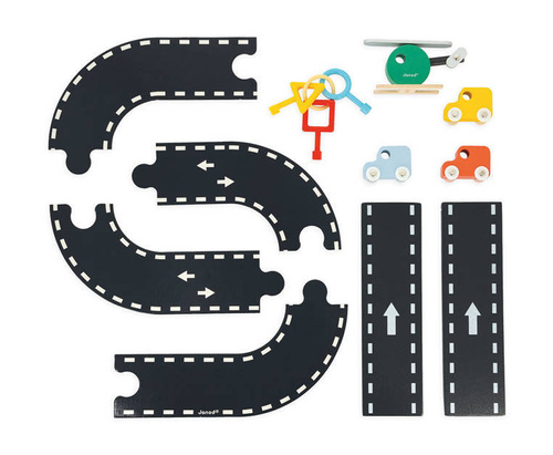 Janod - Wooden garage with 4 accessories. Bolid 2+