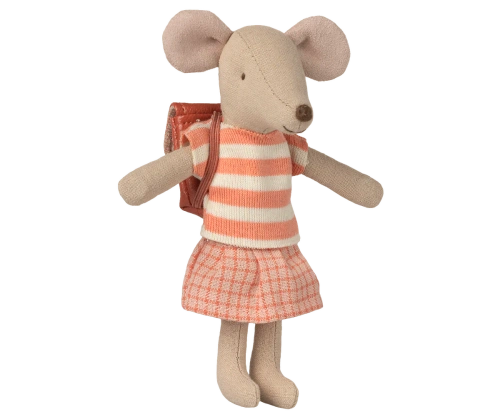 MAILEG - Mouse riding a tricycle, Big Sister, coral