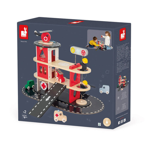 Janod - Wooden fire station with 5 accessories. Bolid 2+