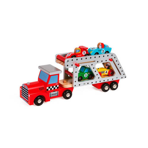 Janod - Large wooden tow truck with 4 cars