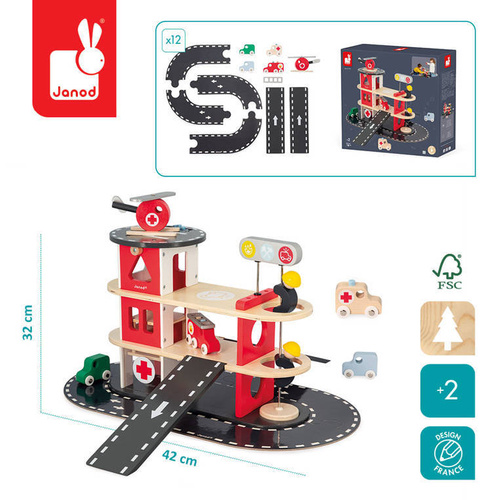 Janod - Wooden fire station with 5 accessories. Bolid 2+