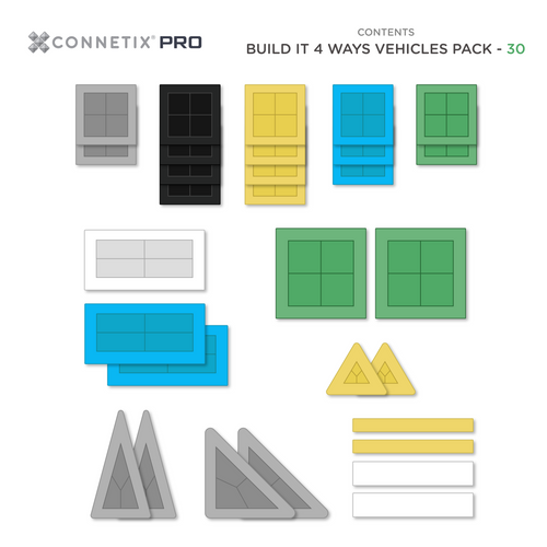 CONNETIX – Magnetic Tiles PRO Build It 4 Ways Vehicles Pack - 30 pieces