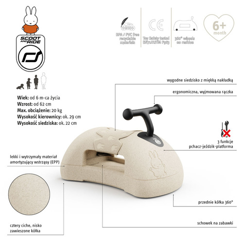 SCOOTANDRIDE - My First Evolutionary 3-in-1 Push Ride-on 6 m+, Miffy Sand