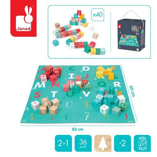 Janod - Wooden blocks with Kubix puzzle Letters and numbers 40 elements 2+