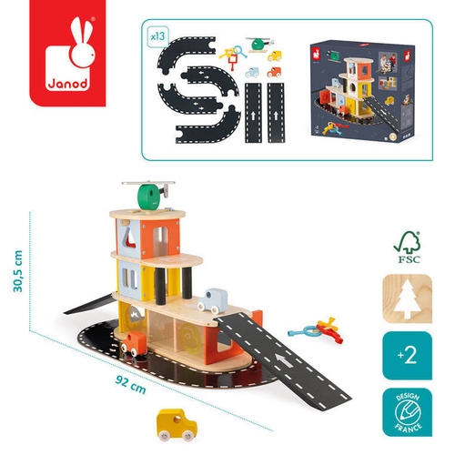 Janod - Wooden garage with 4 accessories. Bolid 2+