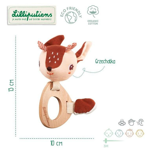 LILLIPUTIENS - Rattle with a wooden teether Roe-deer Stella 3 m + ECO