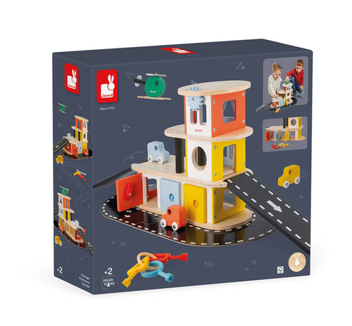 Janod - Wooden garage with 4 accessories. Bolid 2+