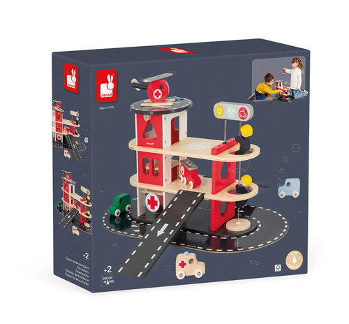 Janod - Wooden fire station with 5 accessories. Bolid 2+