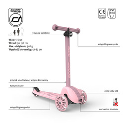 SCOOTANDRIDE - Highwaykick 3S - scooter with 2-in-1 control system and LED wheels, foldable 3+, rose