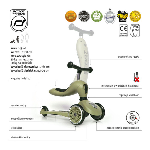 SCOOTANDRIDE - Highwaykick 2in1 Ride and scooter 1-5 years Olive