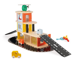 Janod - Wooden garage with 4 accessories. Bolid 2+