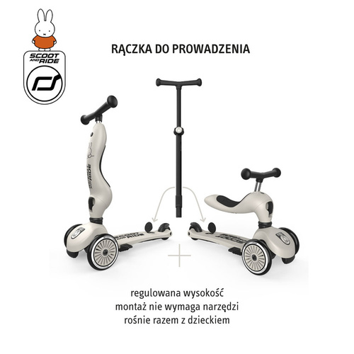 SCOOTANDRIDE - Highwaykick 1 Push and Go 2in1 Ride-on and Scooter with Handle for 1-5 Years, Miffy Ash