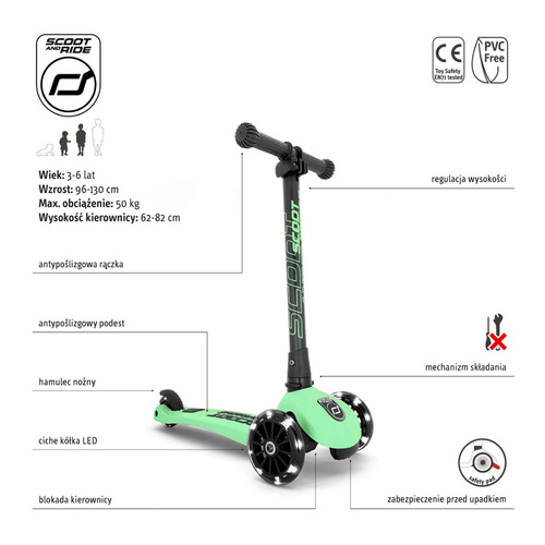 SCOOTANDRIDE - Highwaykick 3 LED - Folding scooter with light-up wheels 3+ Kiwi