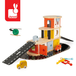 Janod - Wooden garage with 4 accessories. Bolid 2+