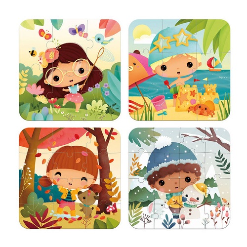 Janod - Progressive puzzle in a suitcase Seasons 4 puzzles - 6, 9, 12 and 16 pieces 2+