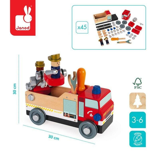 Janod - Wooden fire truck for assembly with Brico'kids tools