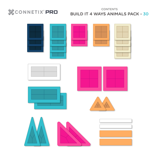 CONNETIX – Magnetic Tiles PRO Build It 4 Ways Animals Pack - 30 pieces