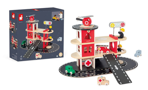 Janod - Wooden fire station with 5 accessories. Bolid 2+