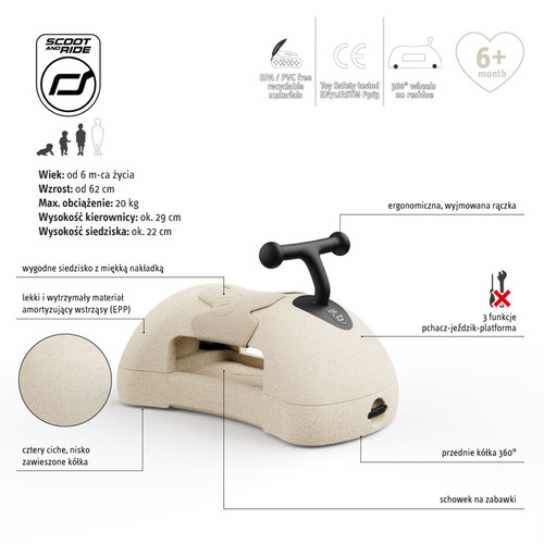 SCOOTANDRIDE - My First Ewolucyjny jeździk pchacz 3w1 6 m+ Sand
