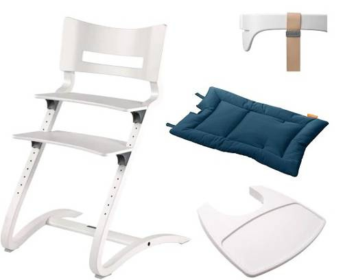 LEANDER - CLASSIC ™ high chair, white + safety bar, tray, Dark Blue pillow - SET