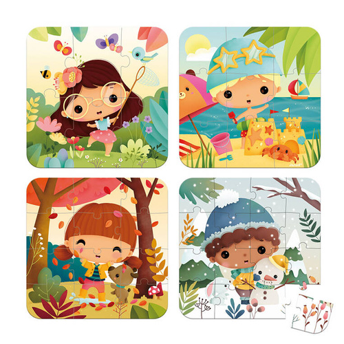 Janod - Progressive puzzle in a suitcase Seasons 4 puzzles - 6, 9, 12 and 16 pieces 2+