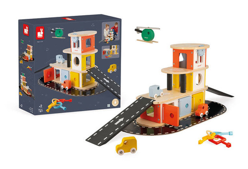 Janod - Wooden garage with 4 accessories. Bolid 2+