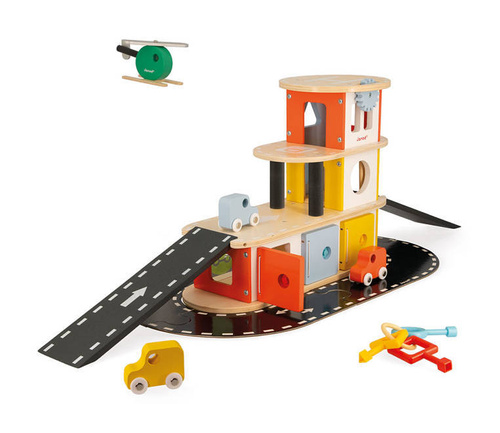 Janod - Wooden garage with 4 accessories. Bolid 2+