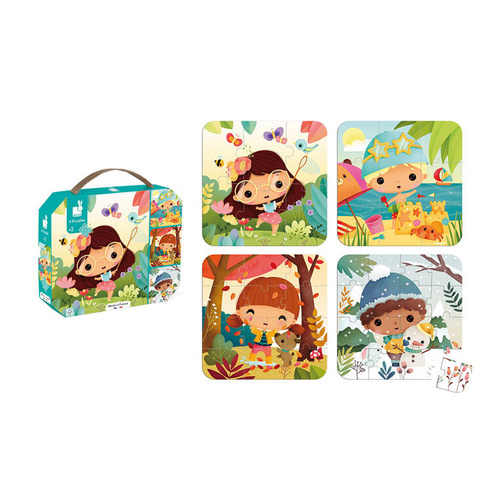 Janod - Progressive puzzle in a suitcase Seasons 4 puzzles - 6, 9, 12 and 16 pieces 2+