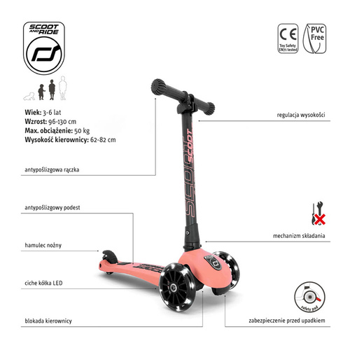 SCOOTANDRIDE - Highwaykick 3 LED - Folding scooter with light-up wheels 3+ Peach