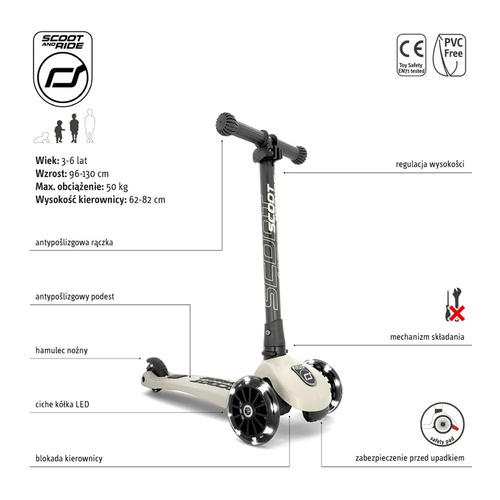 SCOOTANDRIDE - Highwaykick 3 LED - Folding scooter with light-up wheels 3+ Ash